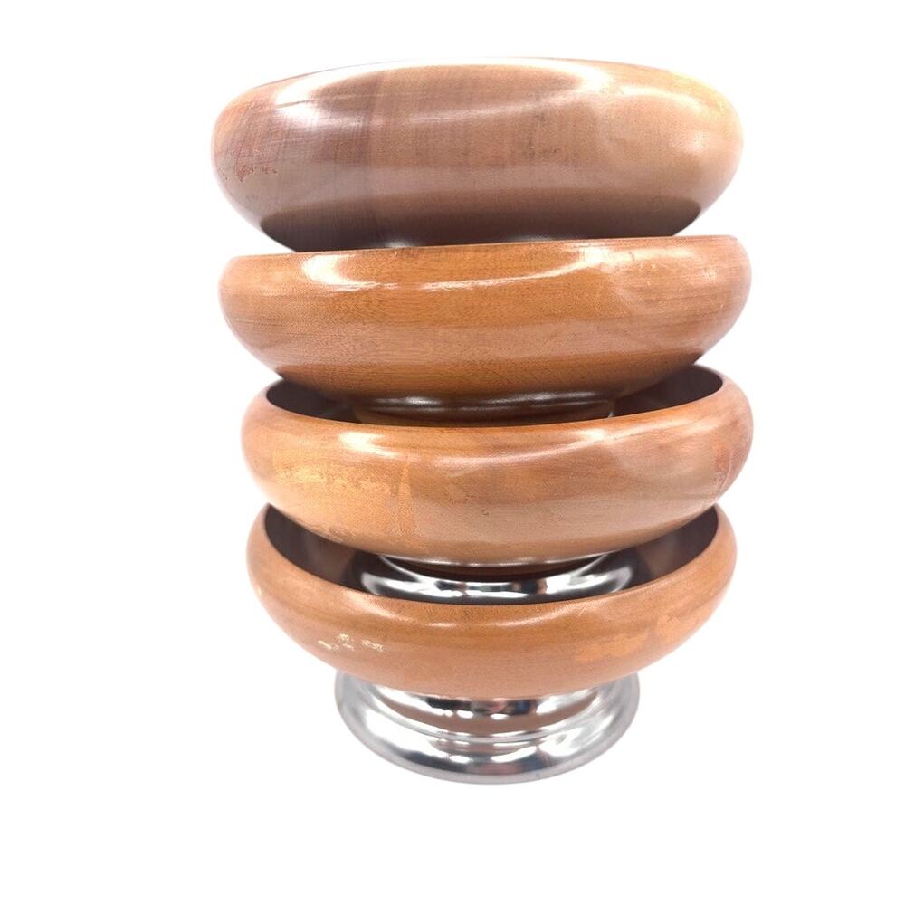 Set of 4 Vintage MCM Salad Bowls Hellerware Wood & Chrome Pedestal Replacement